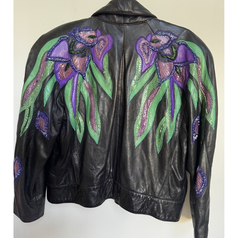 Vtg 80's Erez Flaming Irises Leather Jacket M Moto Snakeskin Trim Colorful Art - Picture 9 of 16